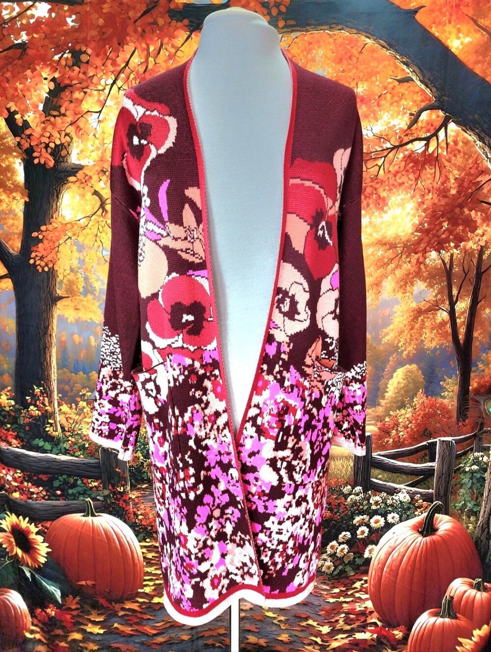 🌺🍁 VERTIGO PARIS Boho Open Front Cardigan Duster Naturecore Bergundy Pink M